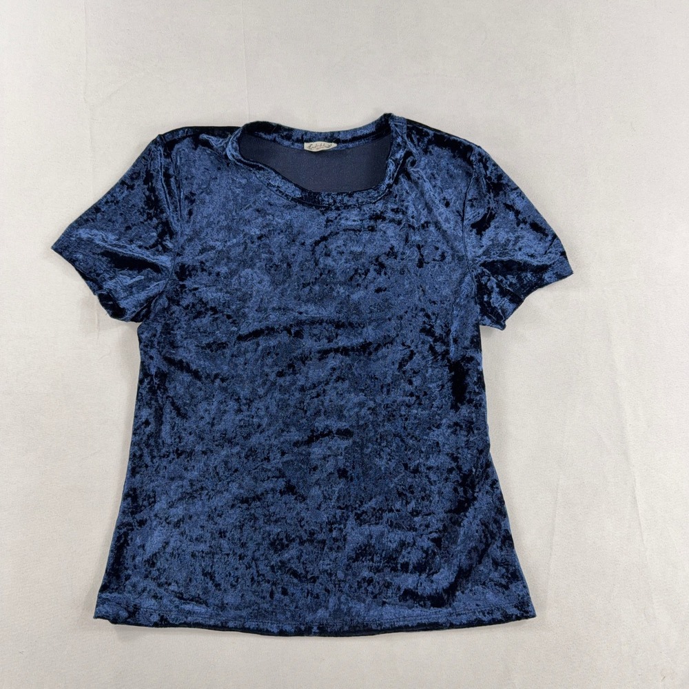 Intimately Free People T-Shirt Crushed Velvet Navy Blue Short Sleeve Women L